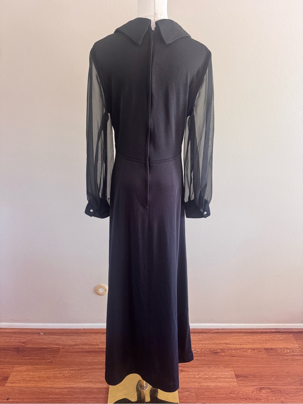 Vintage 1970s Lily& Lyn Black Maxi Dress Sheer Sleeves Rhinestone - Picture 3 of 11